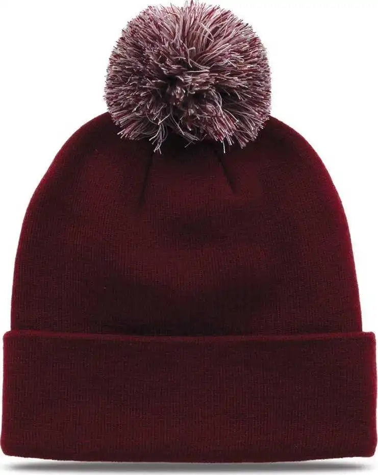 The Game Gb461 Roll Up Beanie with Pom Maroon / one Size Fits Most