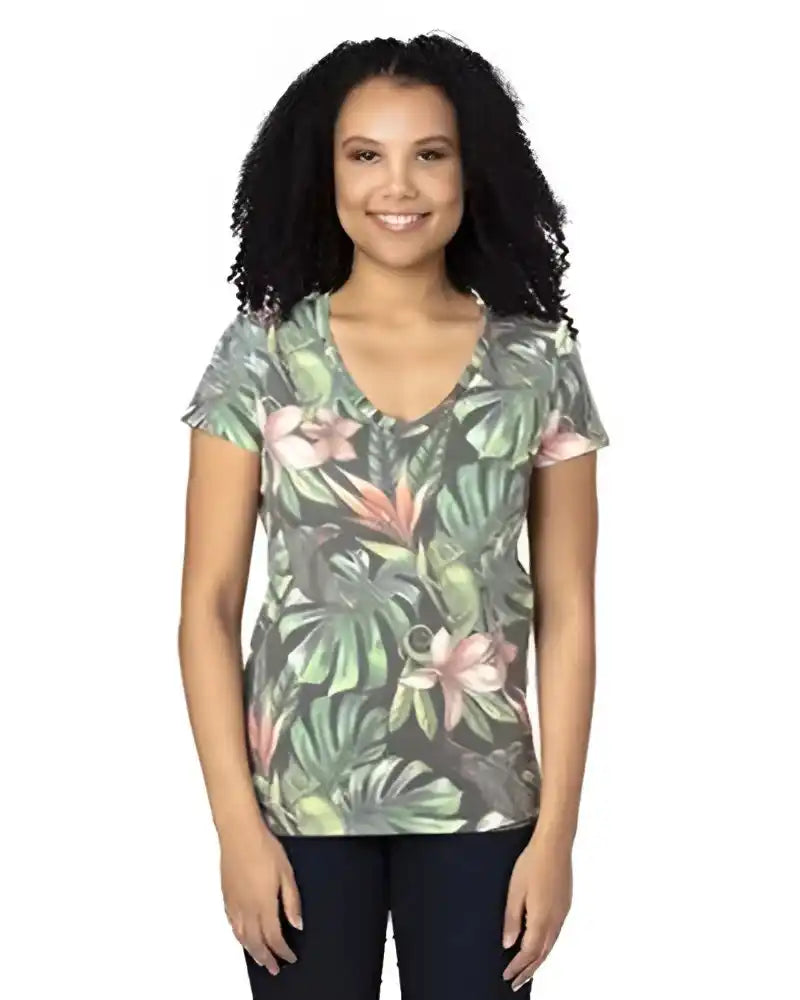 Threadfast Apparel 200rv Ladies’ Ulightimate v Neck t Shirt Tropical Jungle