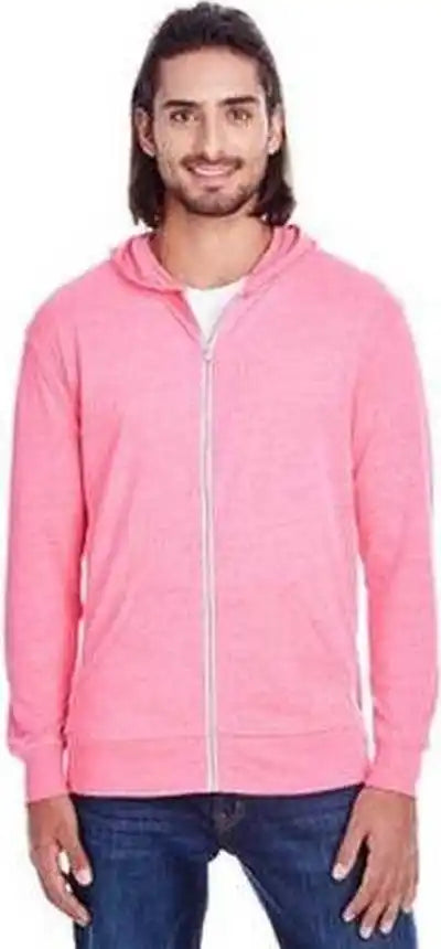 Threadfast Apparel 302z Unisex Triblend Full Zip Light Hoodie Neon Pink Tribendld