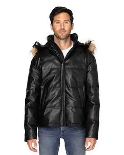 Threadfast Apparel 397j Unisex Vegan Leather Puffer Jacket - Black Ligheather