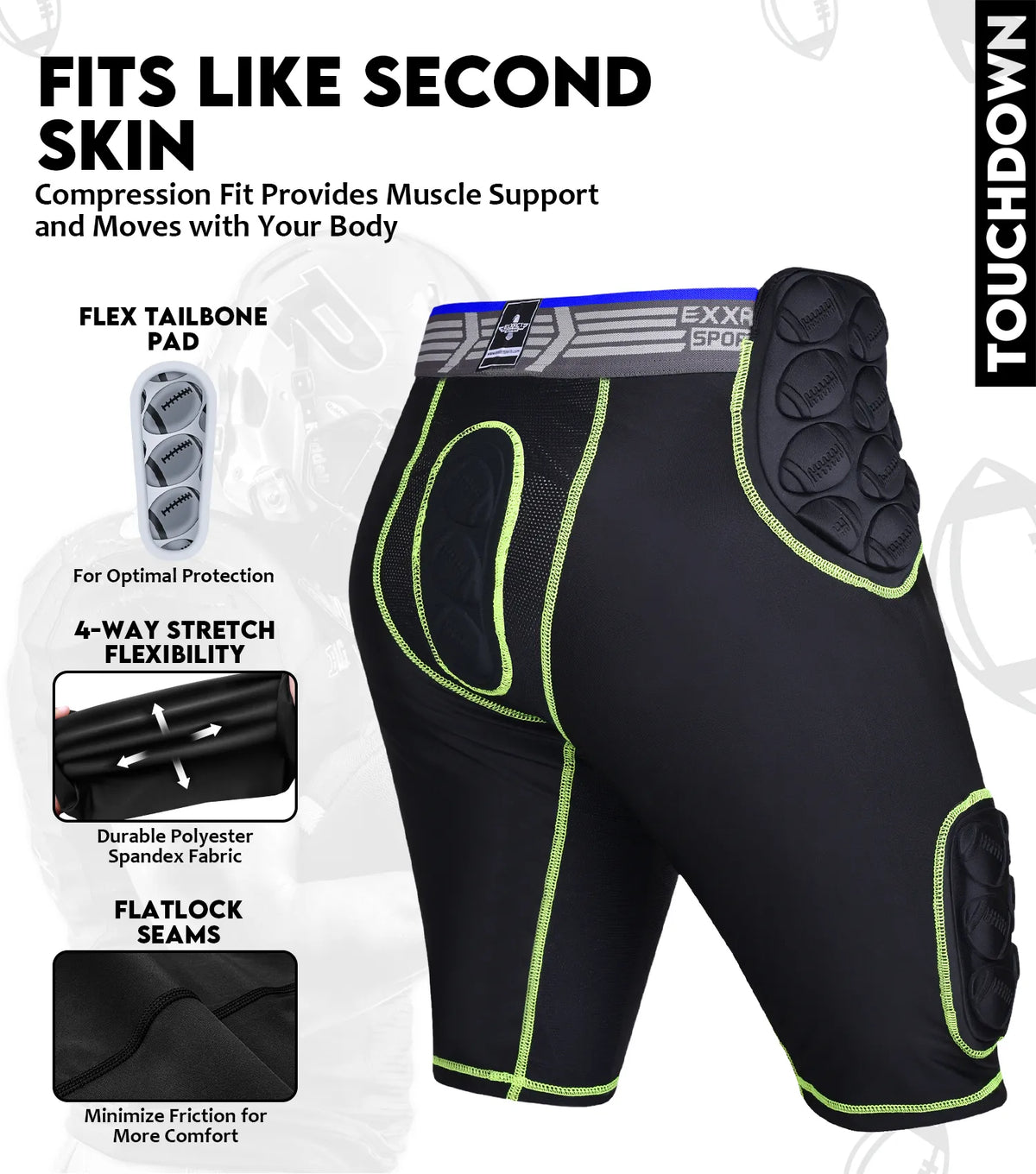 Touchdown 5-pad Boys Football Girdle with Cup Pocket Black (youth)
