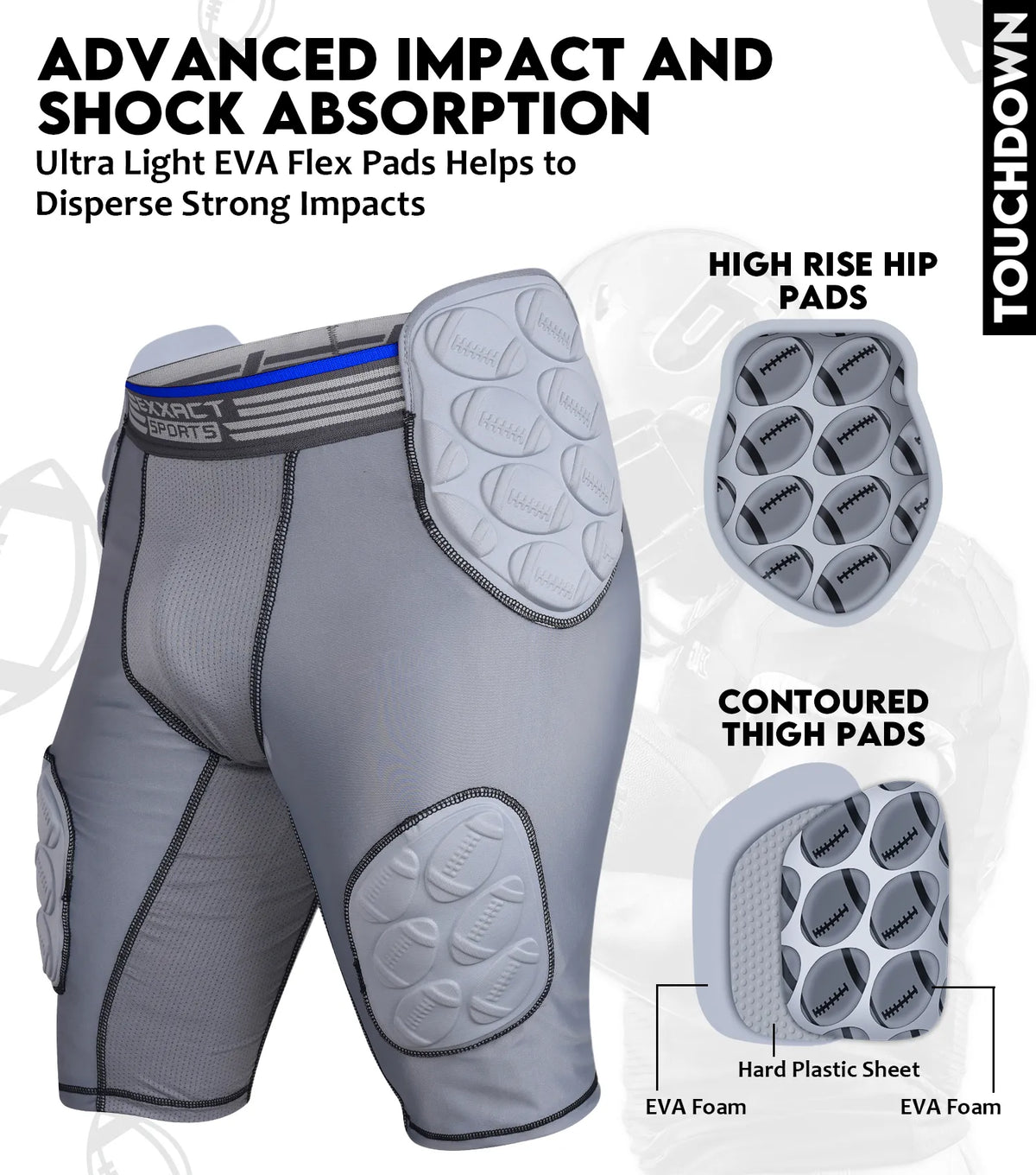 Touchdown 5-pad Boys Football Girdle with Cup Pocket Gray (youth)