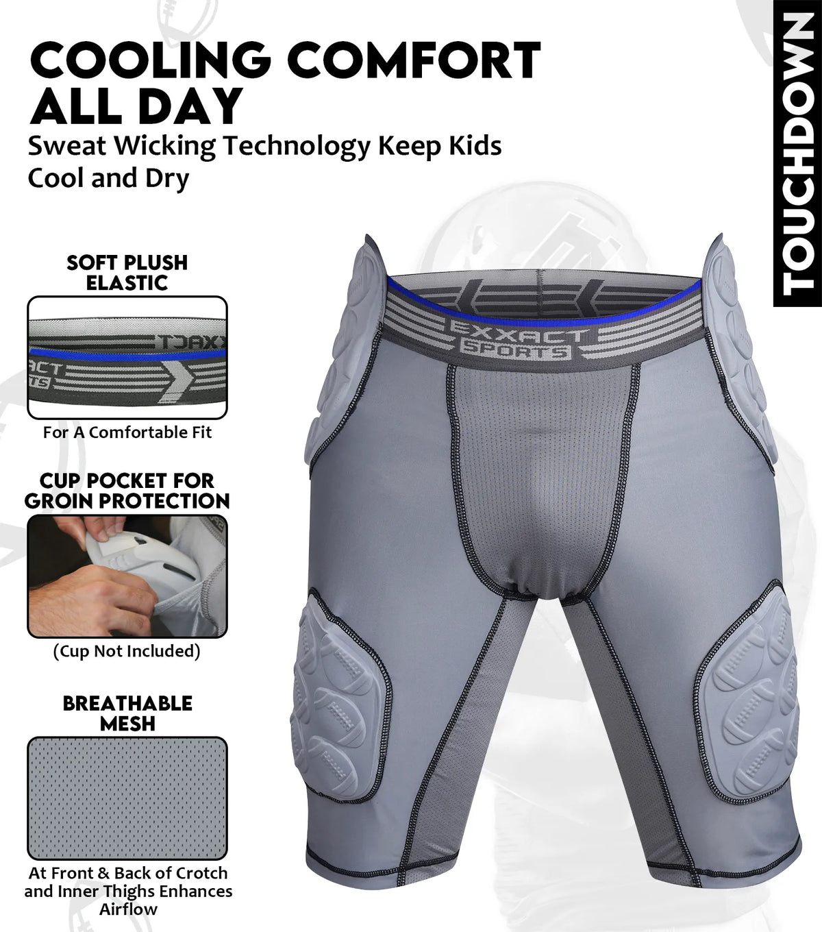 Touchdown 5-pad Boys Football Girdle with Cup Pocket Gray (youth)