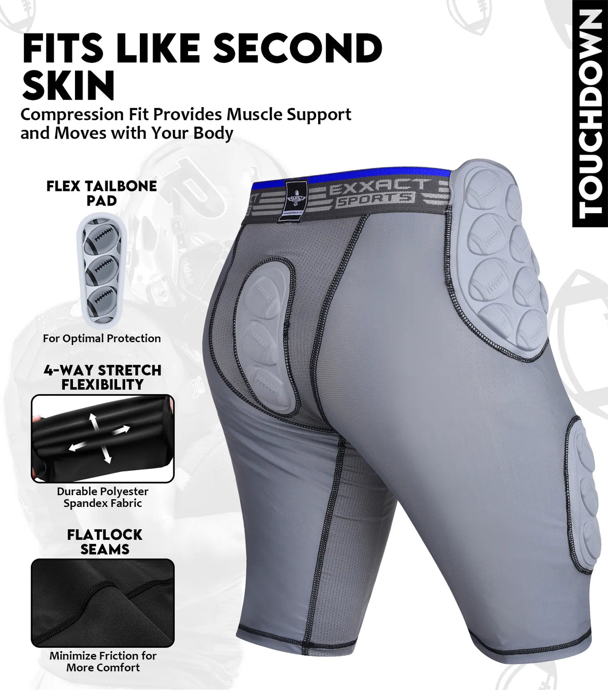 Touchdown 5-pad Boys Football Girdle with Cup Pocket Gray (youth)