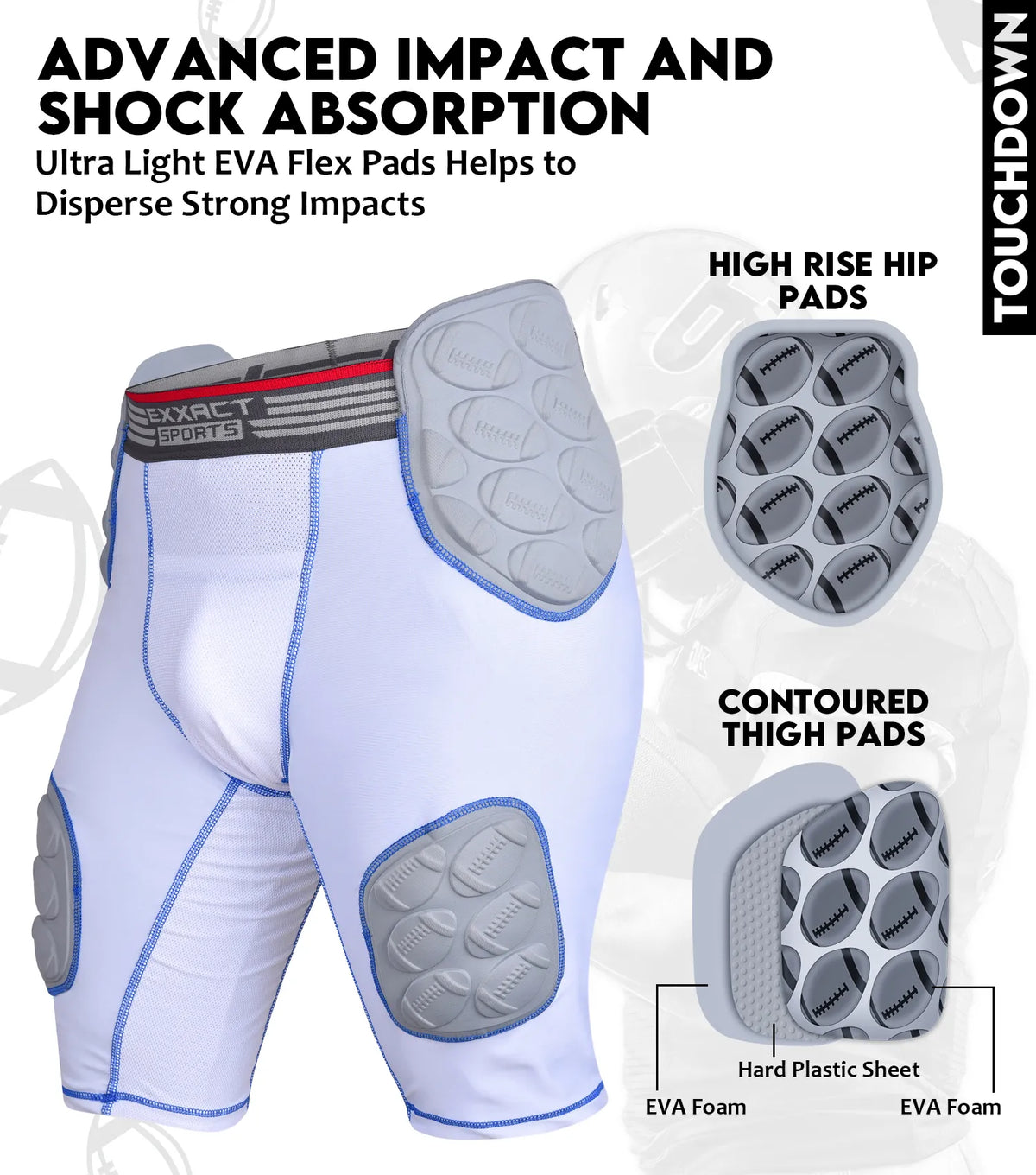 Touchdown 5-pad Men’s Football Girdle with Cup Pocket White (adult)