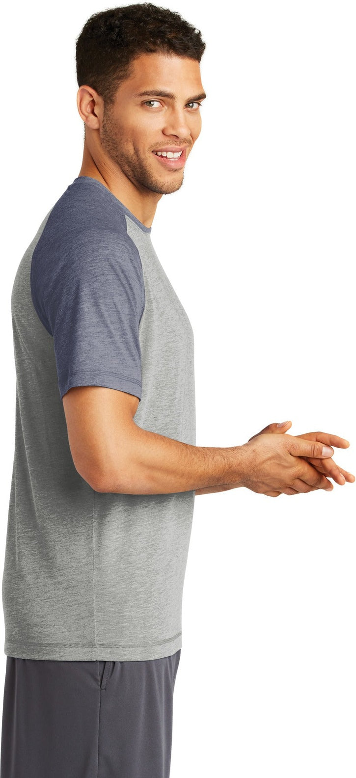 Tr Navy He/LGH Sport-Tek PosiCharge Tri-Blend Wicking Raglan Tee. ST400