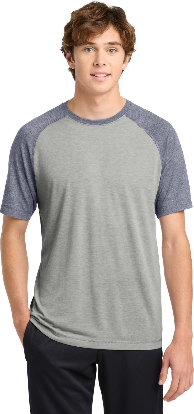 Tr Navy He/LGH Sport-Tek PosiCharge Tri-Blend Wicking Raglan Tee. ST400