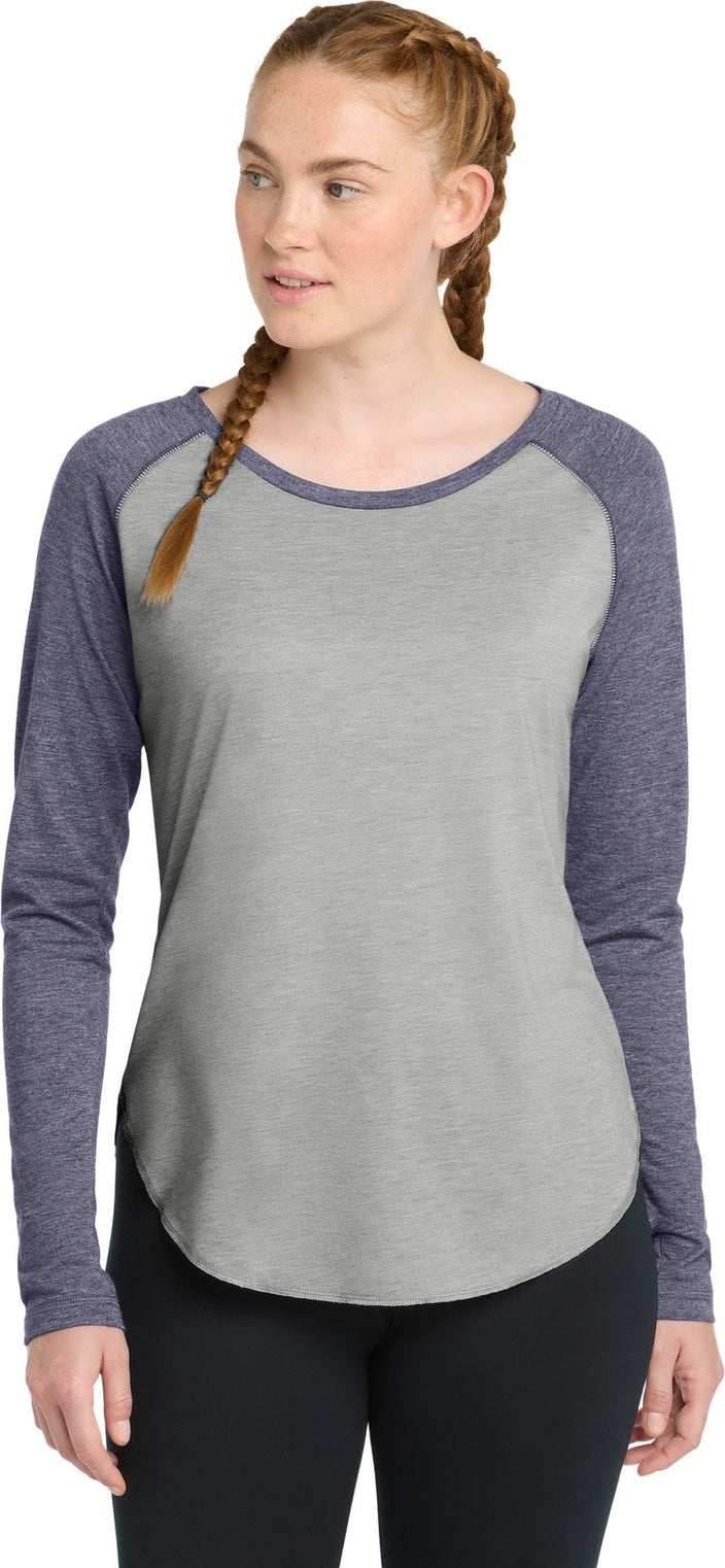 Tr Navy He/LGH Sport-Tek Women's PosiCharge Long Sleeve Tri-Blend Wicking Scoop Neck Raglan Tee LST400LS