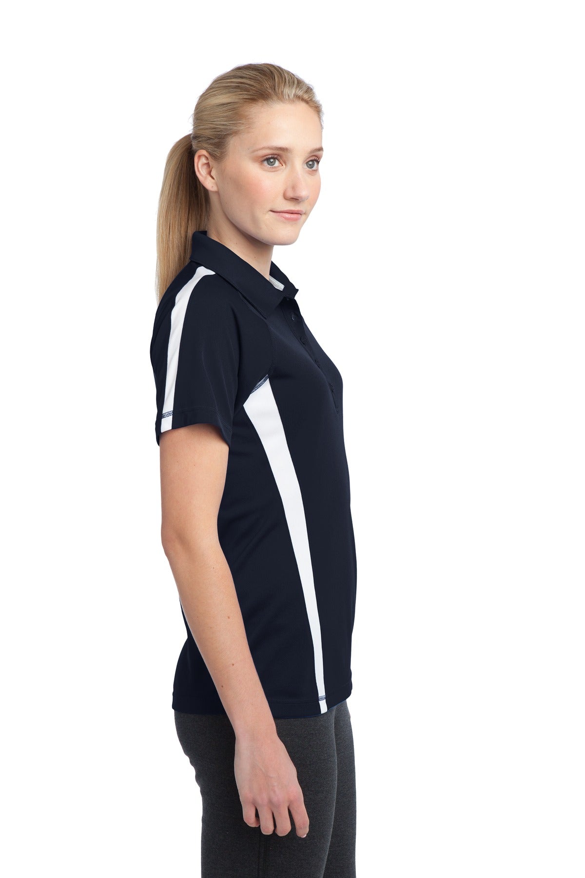 Tr Navy/White Sport-Tek Women's PosiCharge Micro-Mesh Colorblock Polo. LST685