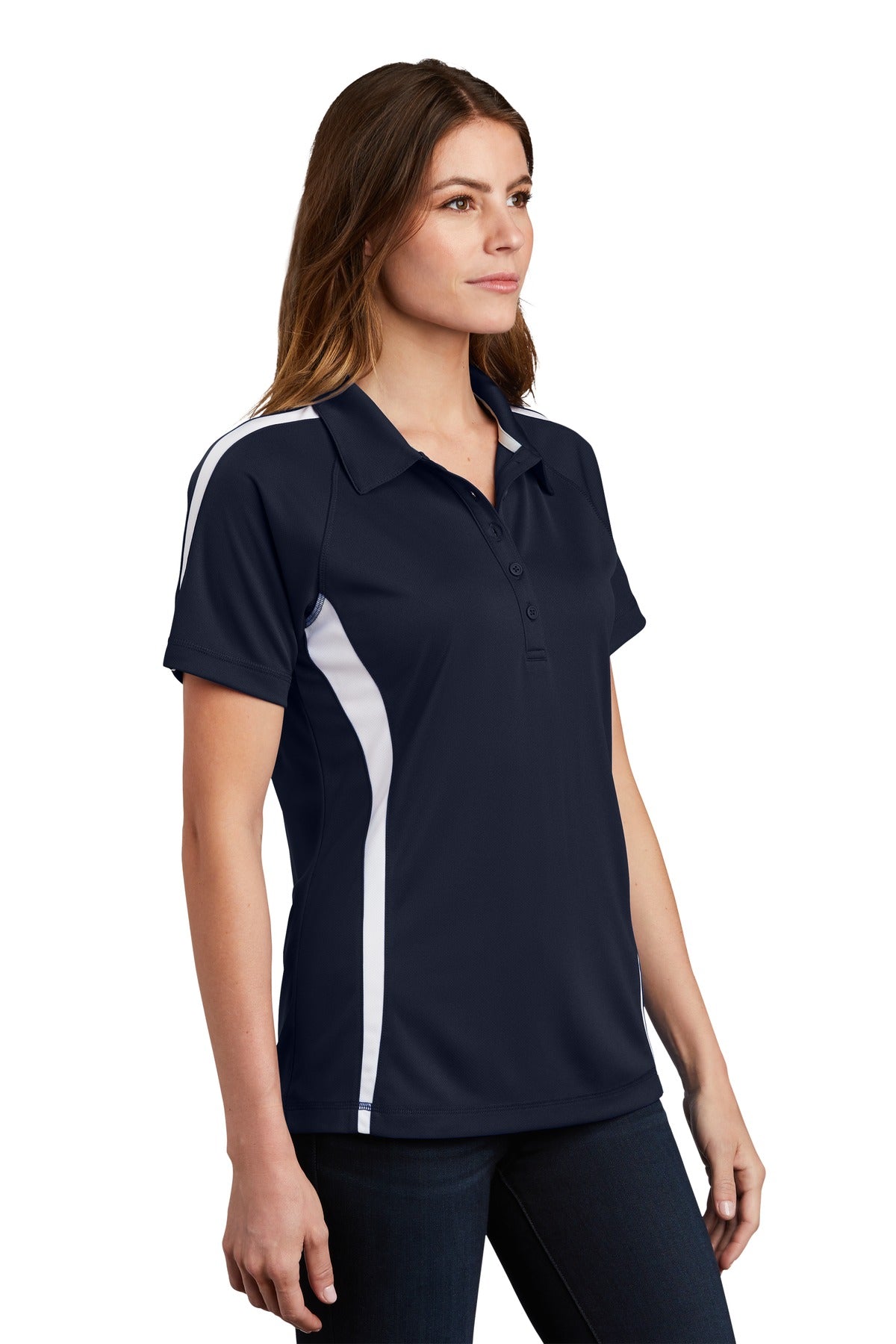 Tr Navy/White Sport-Tek Women's PosiCharge Micro-Mesh Colorblock Polo. LST685