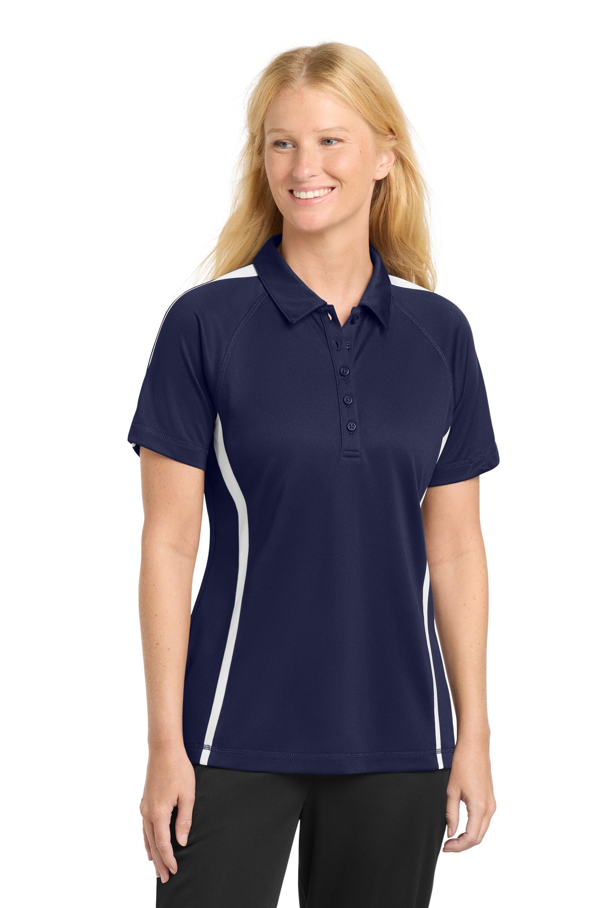 Tr Navy/White Sport-Tek Women's PosiCharge Micro-Mesh Colorblock Polo. LST685