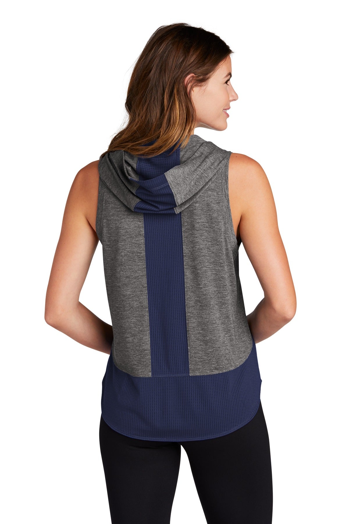 Tr Ny/Dk Gy He Sport-Tek Women's PosiCharge Tri-Blend Wicking Draft Hoodie Tank. LST410