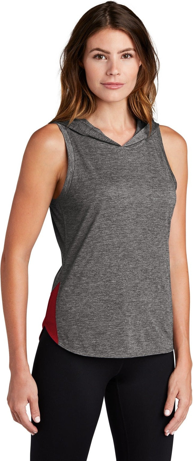 Tr Rd/Dk Gy He Sport-Tek Women's PosiCharge Tri-Blend Wicking Draft Hoodie Tank. LST410