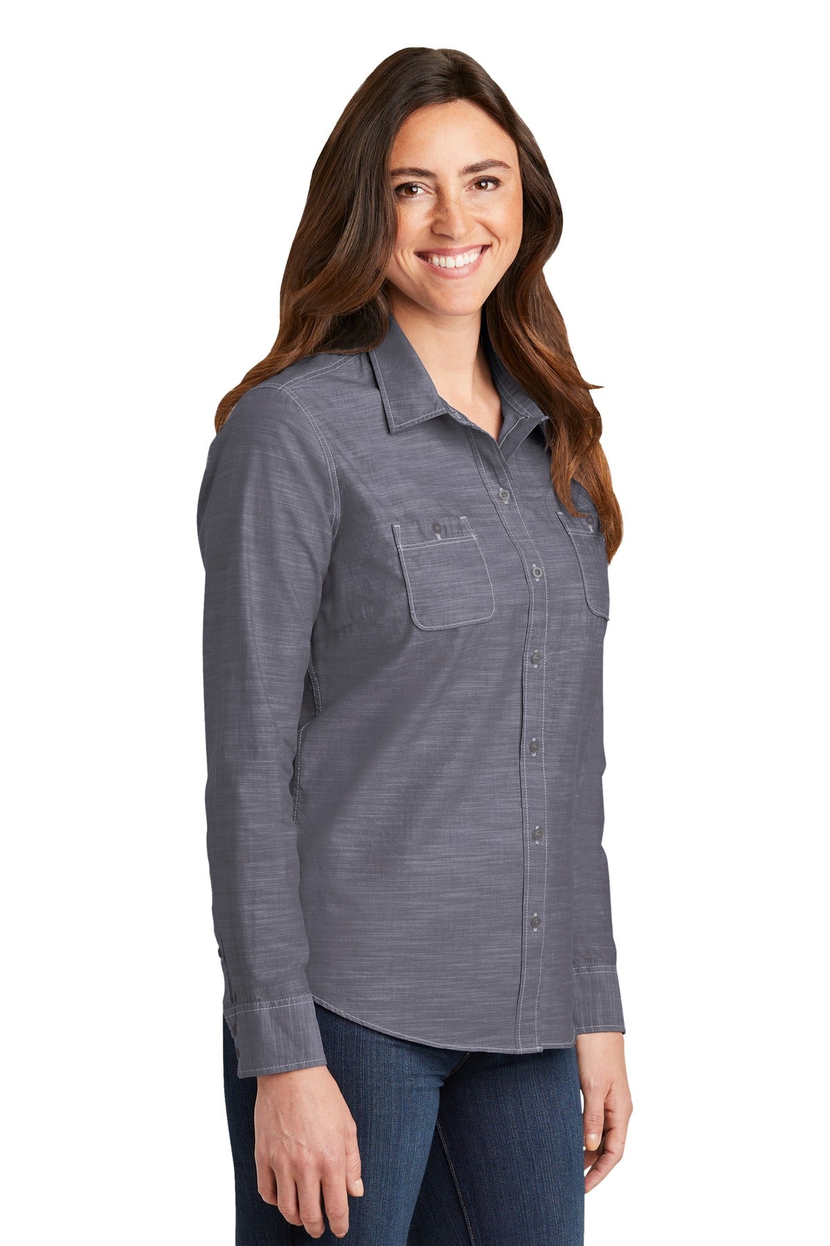 True Navy Port Authority Women's Slub Chambray Shirt. LW380