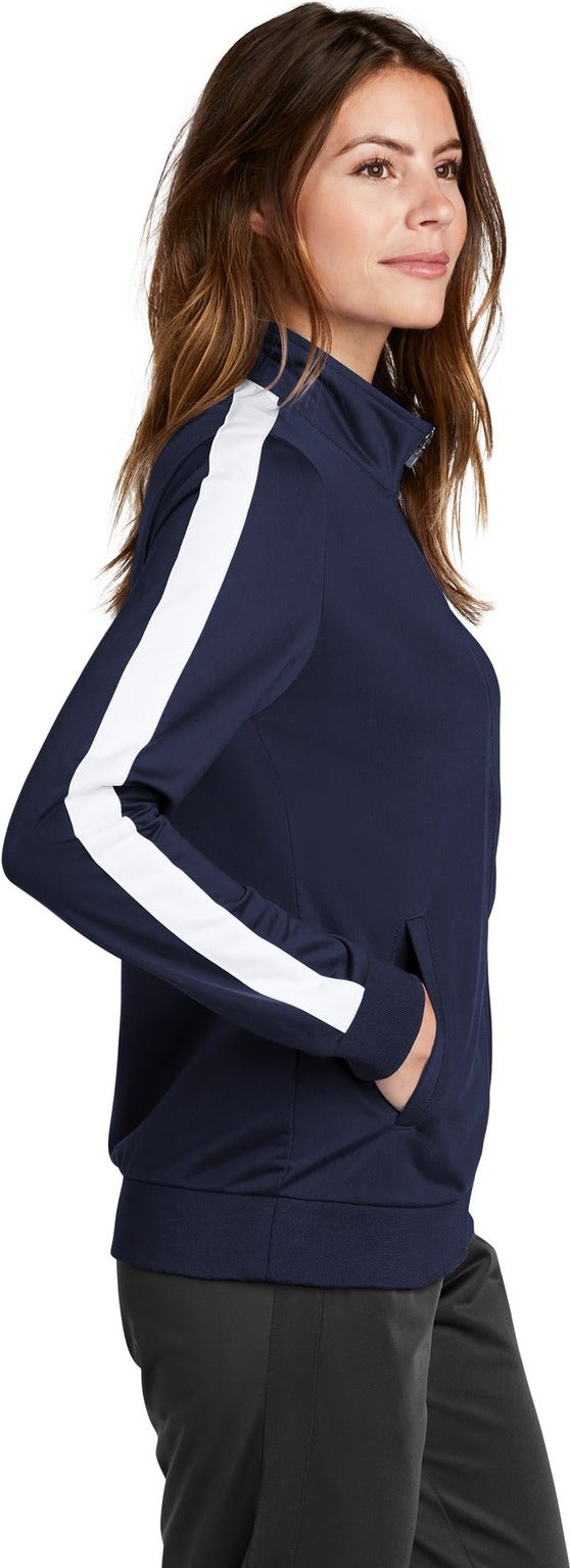 True Navy/Wht Sport-Tek Ladies Tricot Sleeve Stripe Track Jacket. LST94