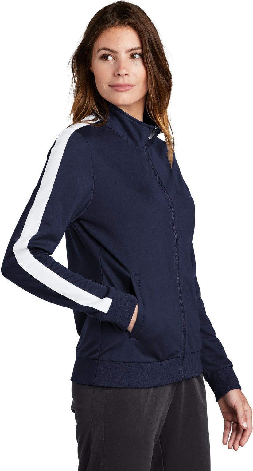 True Navy/Wht Sport-Tek Ladies Tricot Sleeve Stripe Track Jacket. LST94