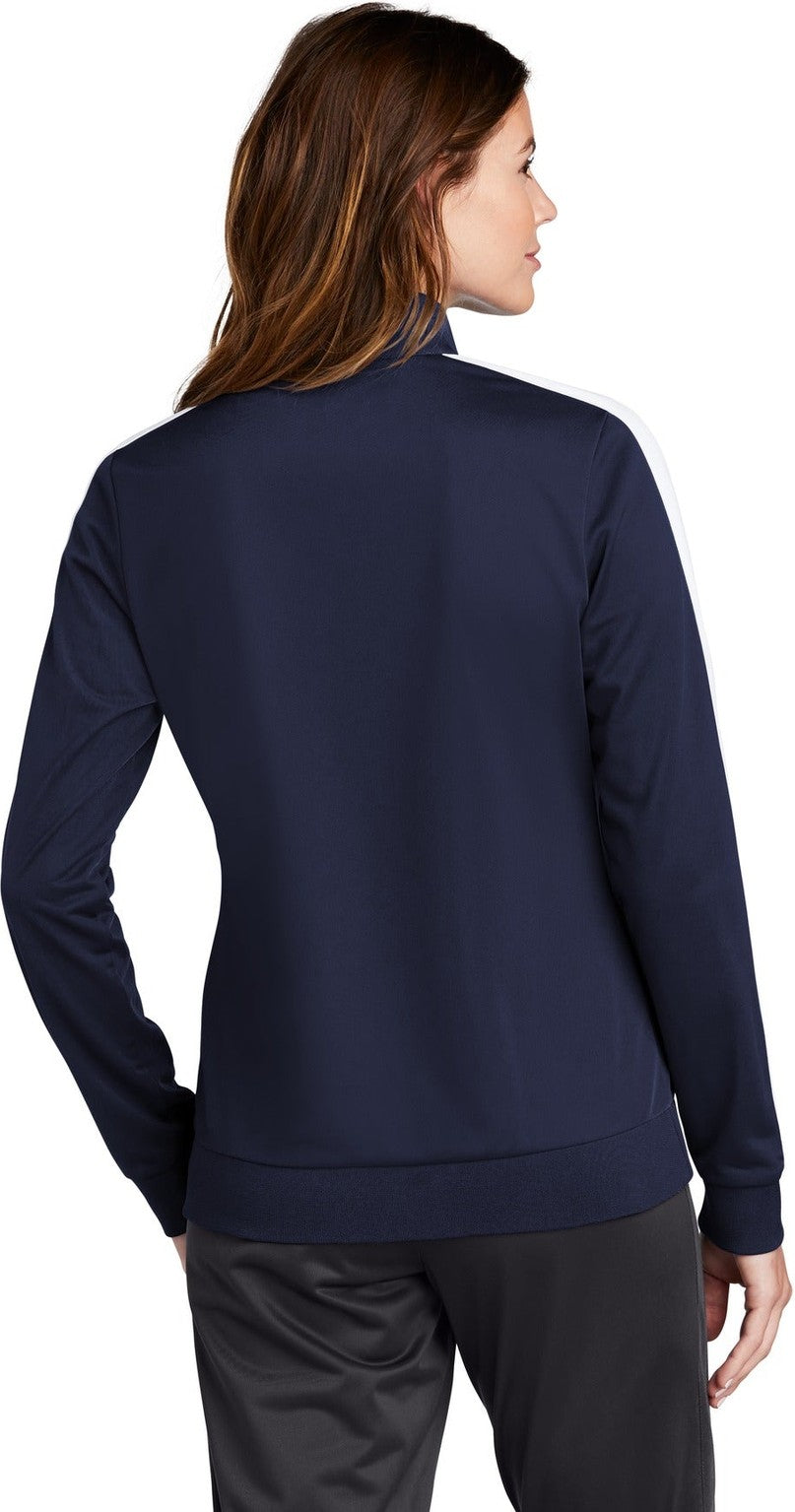 True Navy/Wht Sport-Tek Ladies Tricot Sleeve Stripe Track Jacket. LST94