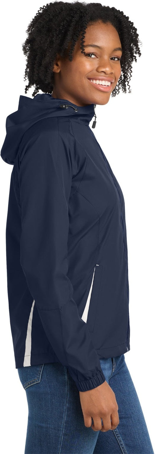 True Navy/Wht Sport-Tek Women's Colorblock Hooded Raglan Jacket. LST76