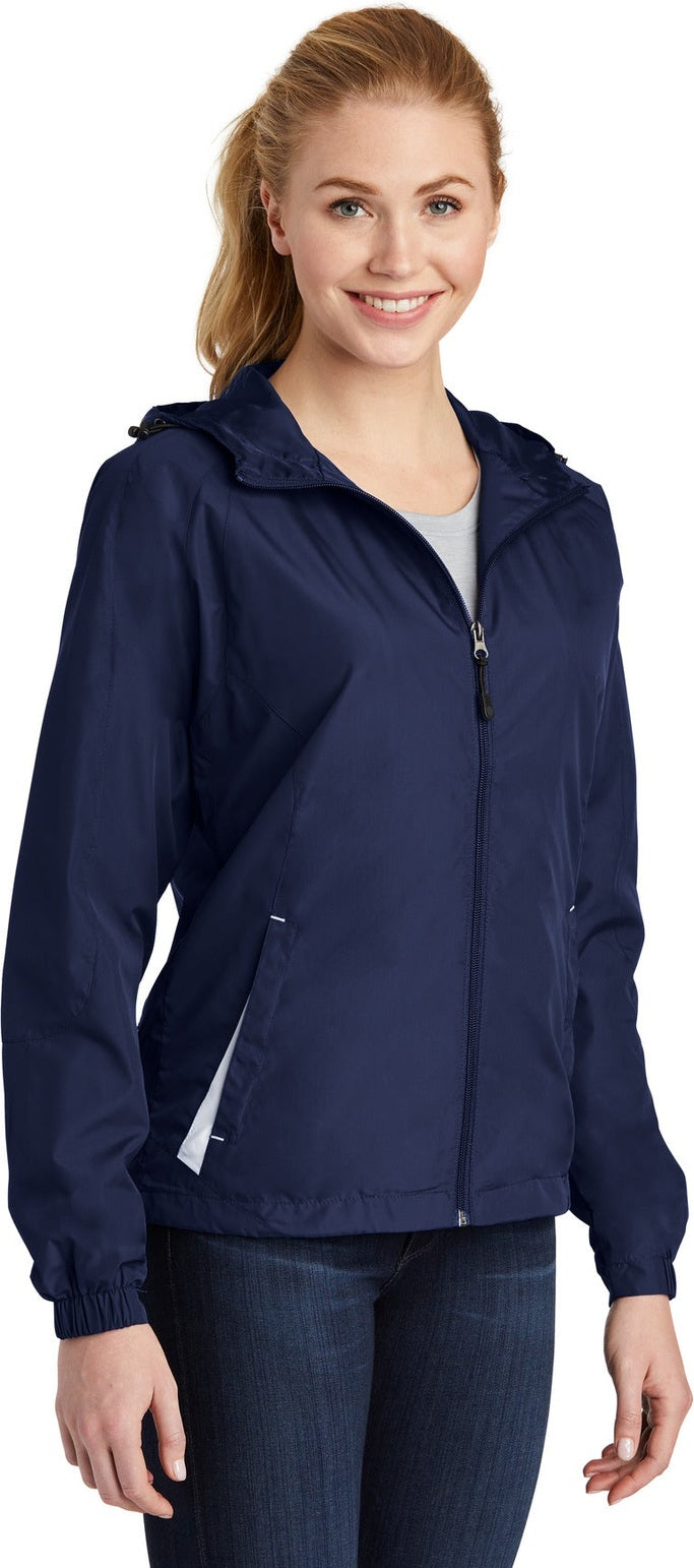 True Navy/Wht Sport-Tek Women's Colorblock Hooded Raglan Jacket. LST76