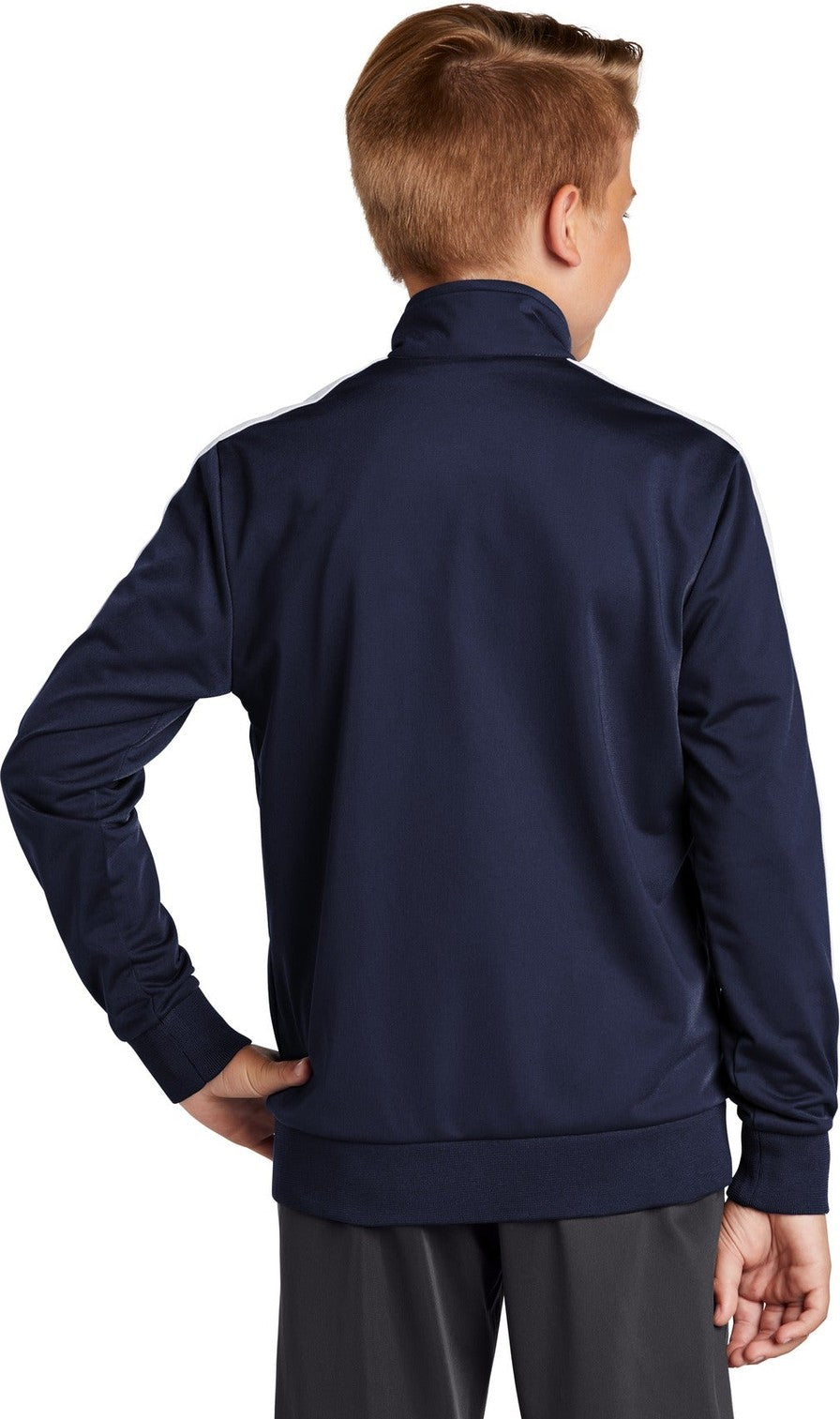 True Navy/Wht Sport-Tek Youth Tricot Sleeve Stripe Track Jacket. YST94