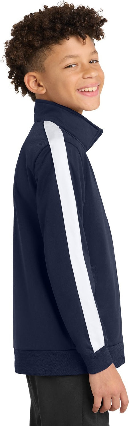 True Navy/Wht Sport-Tek Youth Tricot Sleeve Stripe Track Jacket. YST94