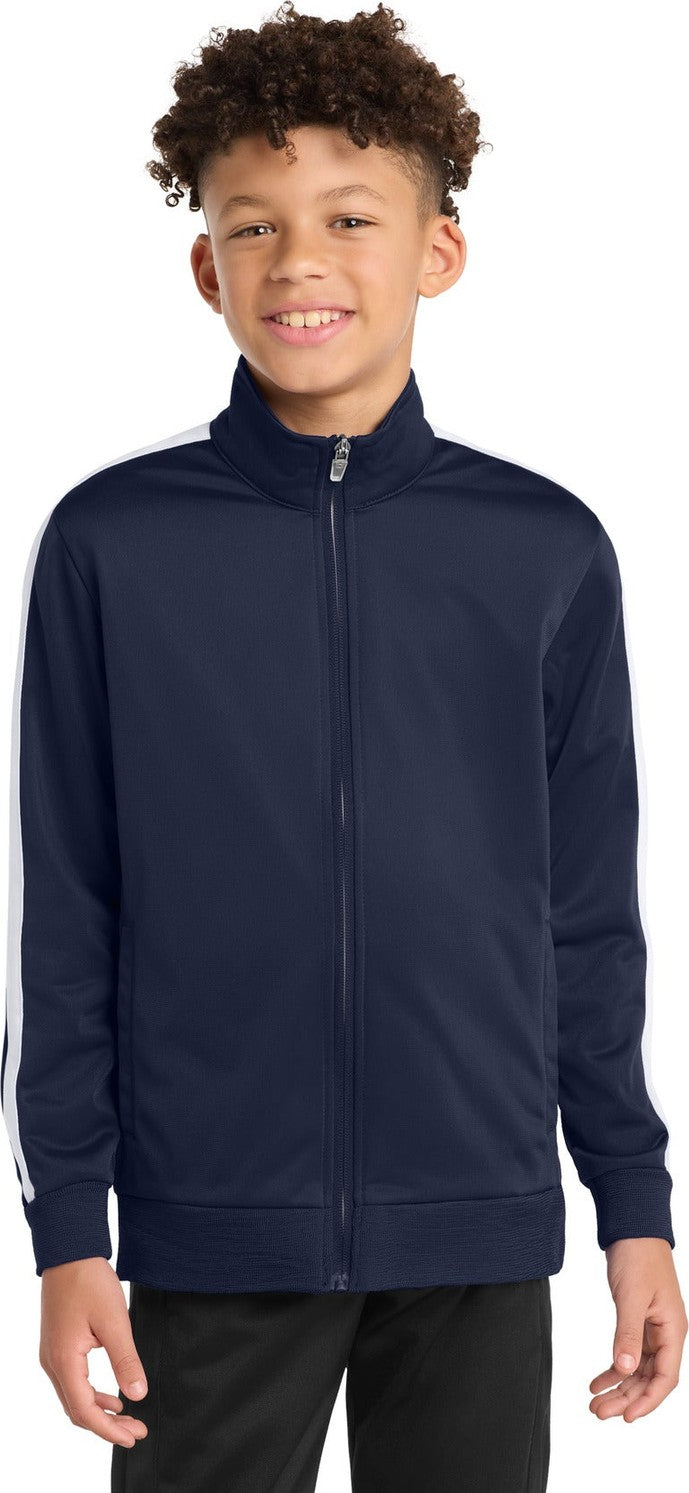 True Navy/Wht Sport-Tek Youth Tricot Sleeve Stripe Track Jacket. YST94
