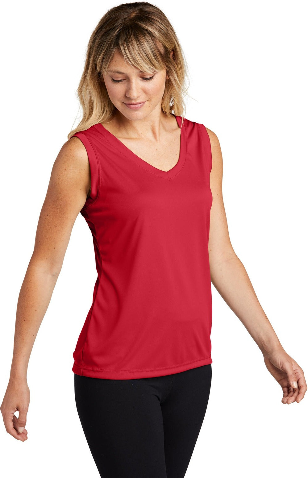 True Red Sport-Tek Women's Sleeveless PosiCharge Competitor V-Neck Tee. LST352