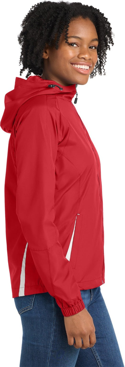 True Red/Wht Sport-Tek Women's Colorblock Hooded Raglan Jacket. LST76