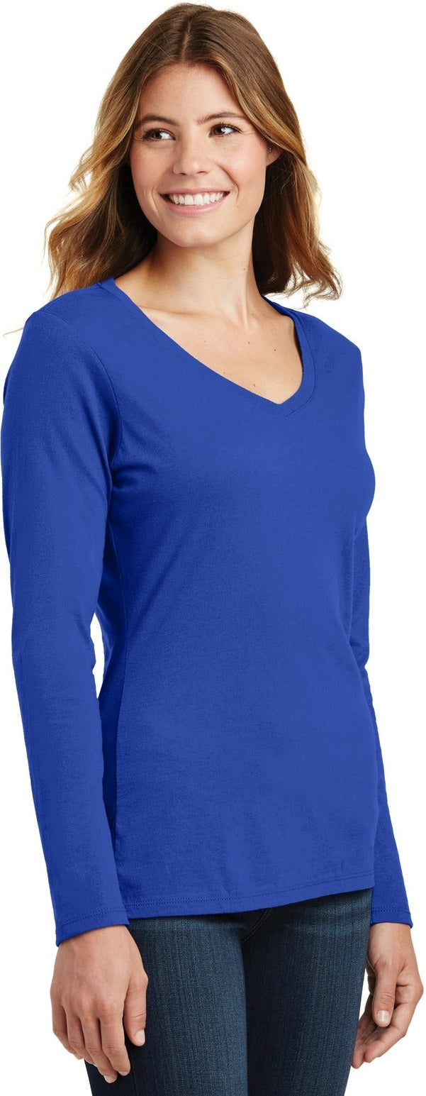 True Royal Port & Co Women's Long Sleeve Fan Favorite V-Neck Tee. LPC450VLS