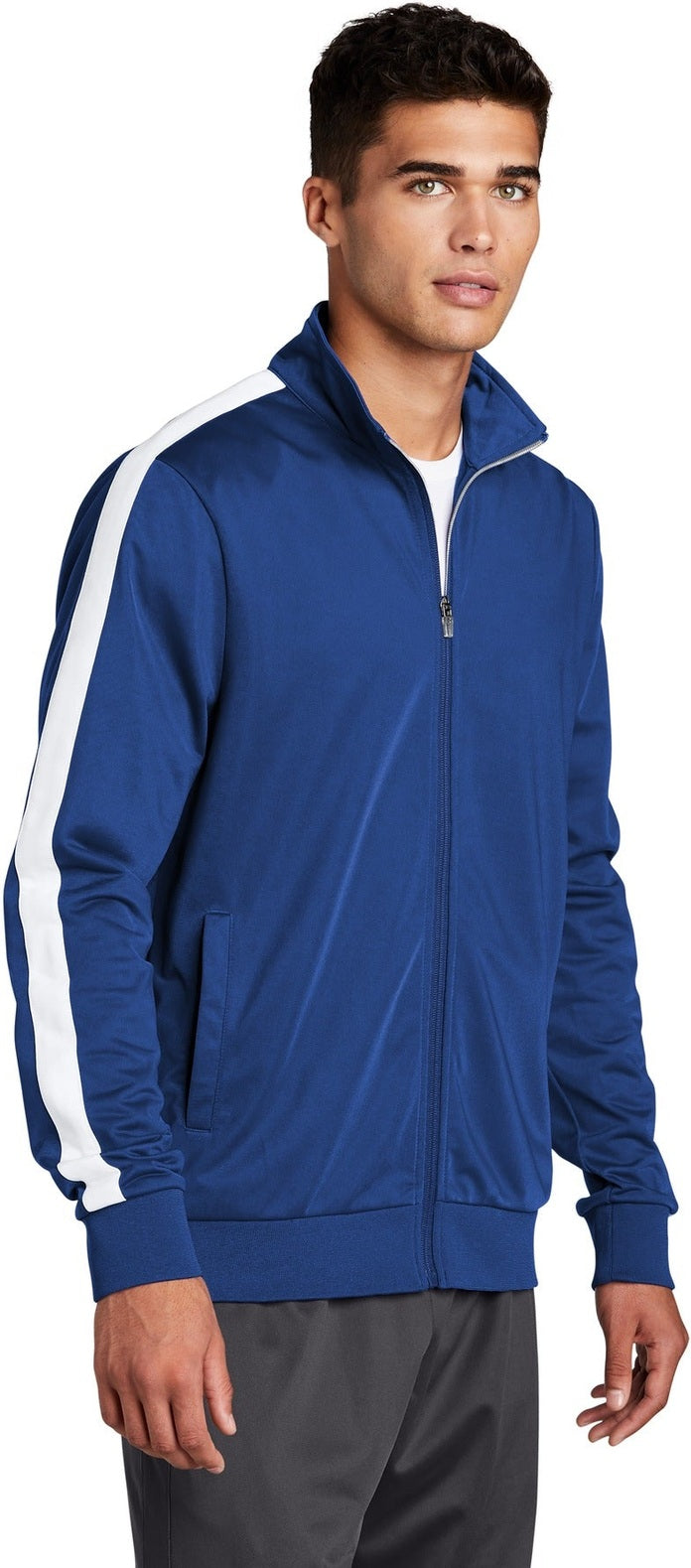 True Royal/Wht Sport-Tek Tricot Sleeve Stripe Track Jacket. JST94