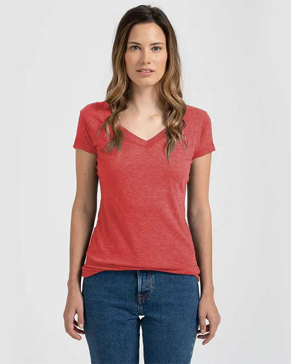 Tultex 244 Women’s Poly Rich v Neck t Shirt Heather Red