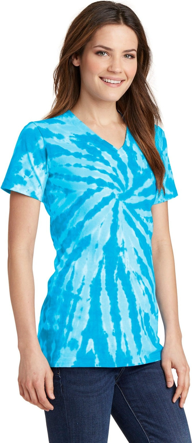 Turquoise Port & Co Women's Tie-Dye V-Neck Tee. LPC147V