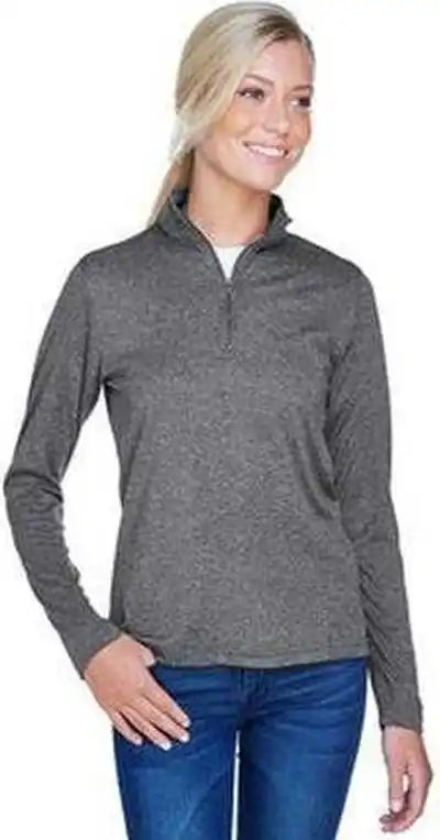 Ultraclub 8618w Ladies’ Cool &amp; Dry Heathered Performance Quarter-zip - Black Heather