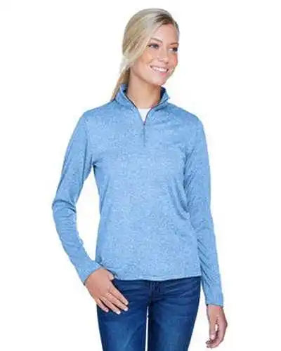 Ultraclub 8618w Ladies’ Cool &amp; Dry Heathered Performance Quarter-zip - Colmbia Blue Heather