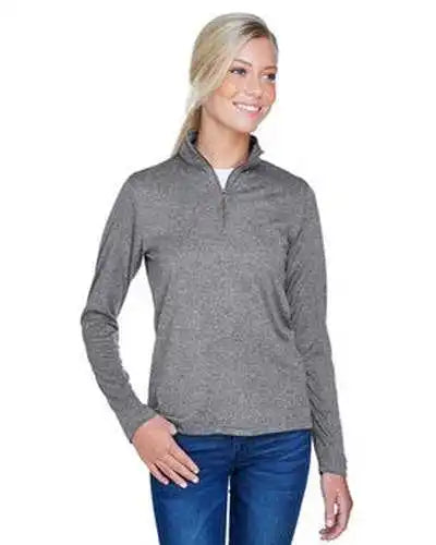 Ultraclub 8618w Ladies’ Cool &amp; Dry Heathered Performance Quarter-zip - Charcoal Heather