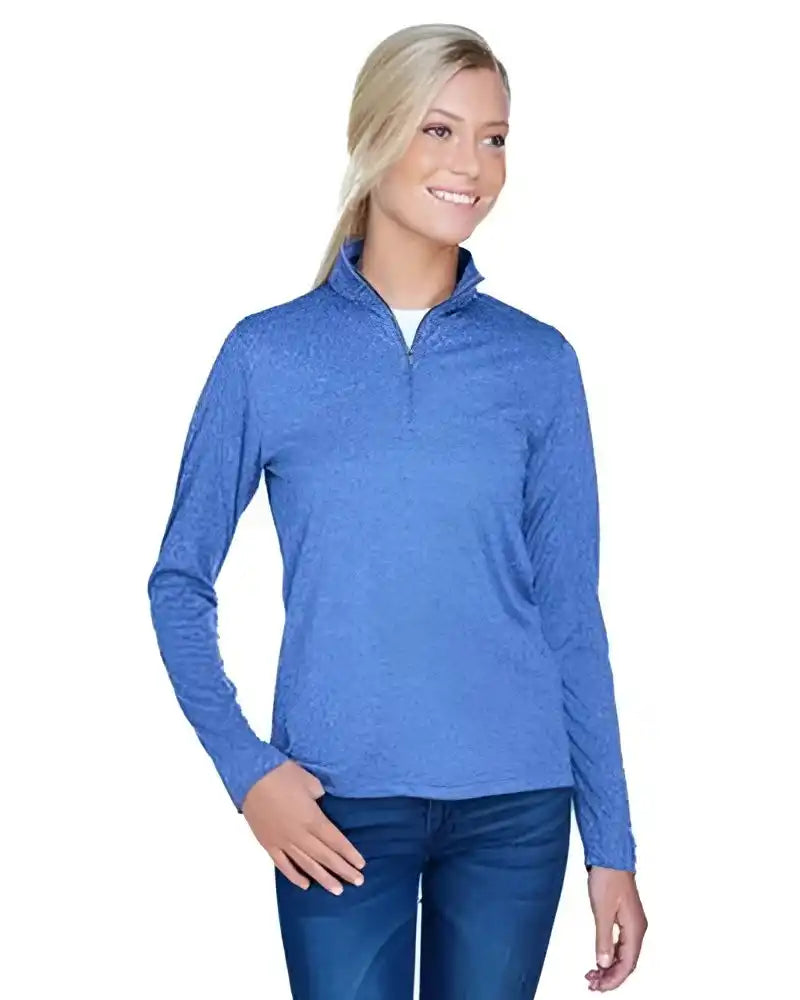 Ultraclub 8618w Ladies’ Cool &amp; Dry Heathered Performance Quarter Zip Royal Heather