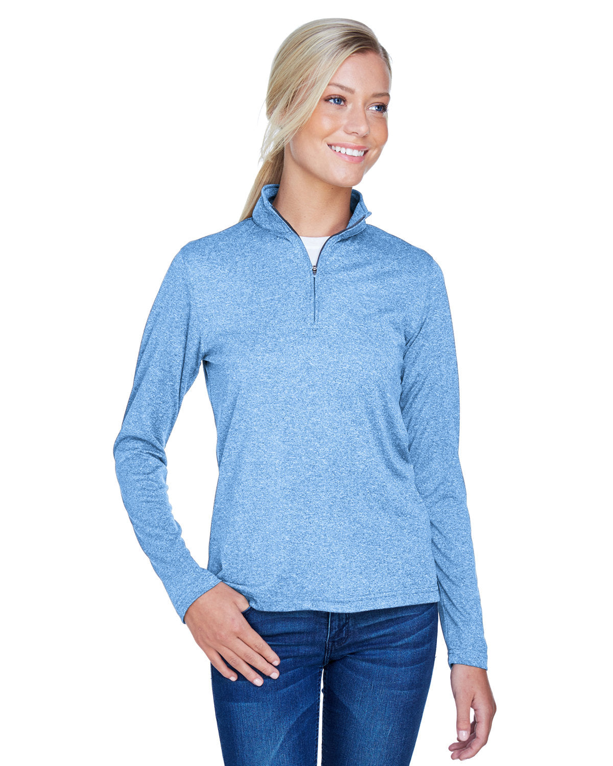 Ultraclub 8618w Women’s Cool & Dry Heathered Performance Quarter-zip - Columbia Blue Heather