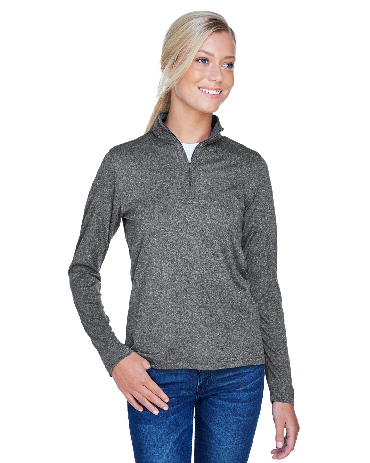 Ultraclub 8618w Women’s Cool & Dry Heathered Performance Quarter-zip - Black Heather