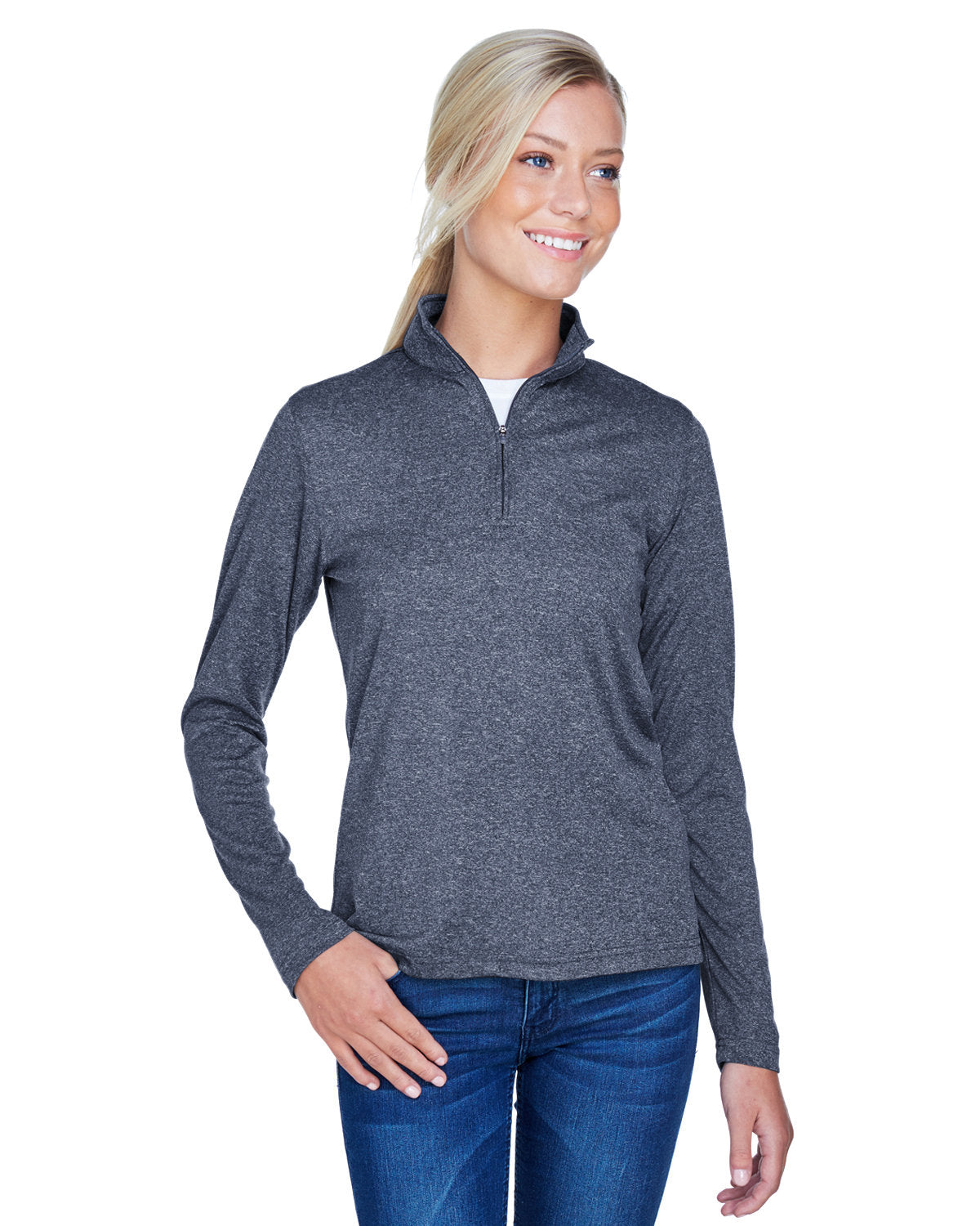 Ultraclub 8618w Women’s Cool & Dry Heathered Performance Quarter-zip - Navy Heather