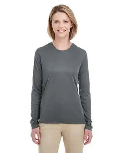 Ultraclub 8622w Ladies’ Cool &amp; Dry Performance Long Sleeve Top Charcoal
