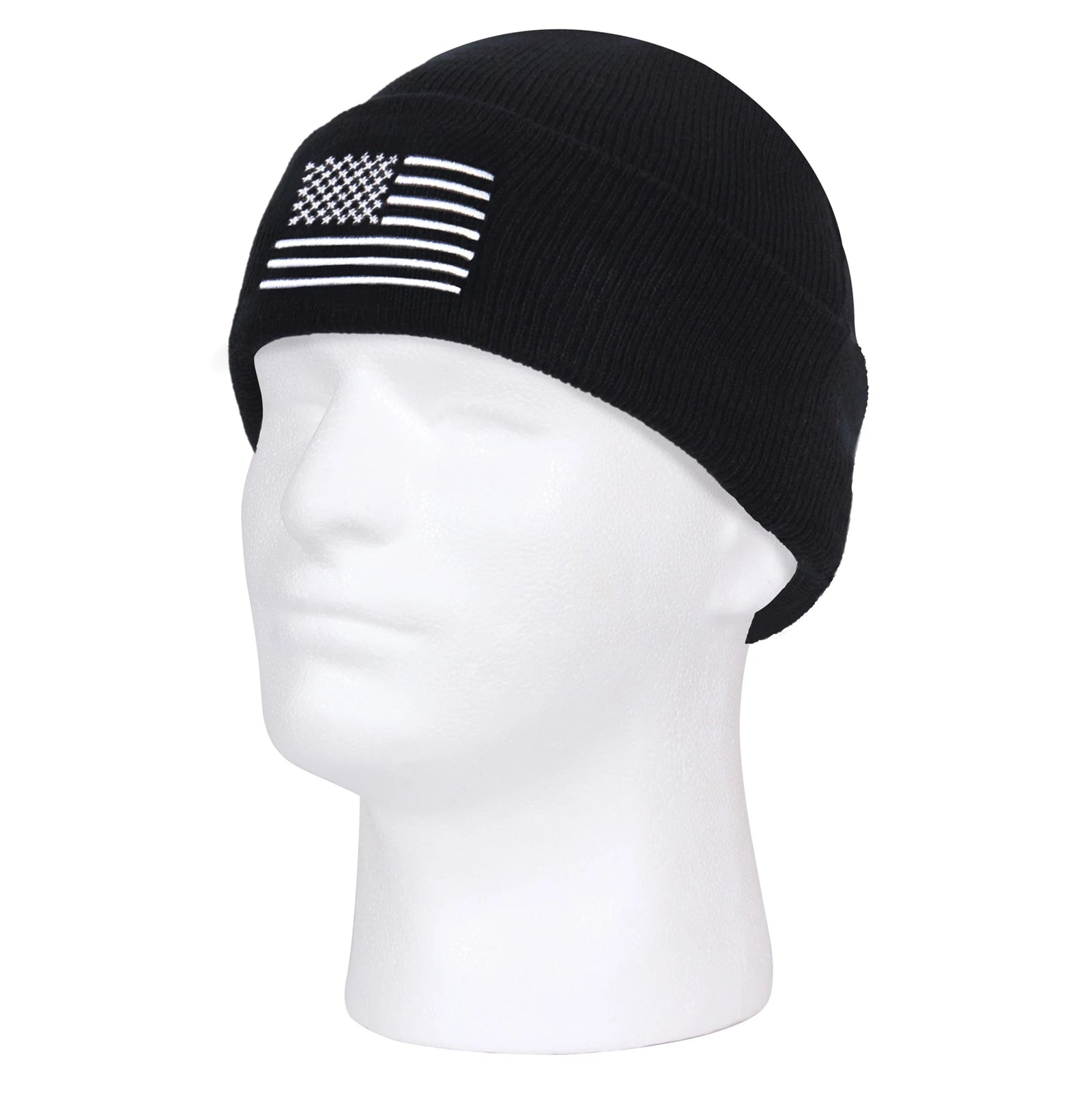 Us Flag Embroidered Fine Knit Watch Cap - Black / White