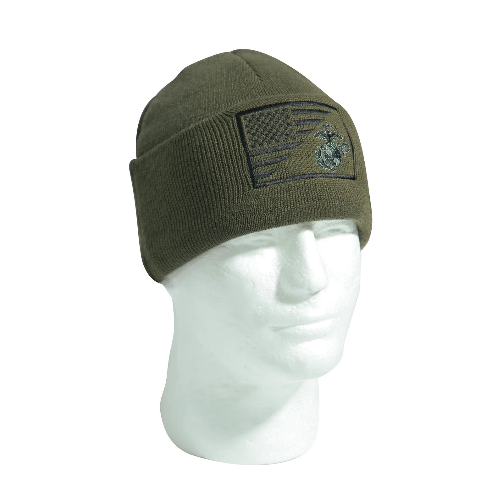 Usmc Eagle Globe and Anchor / us Flag Deluxe Fine Knit Watch Cap - Olive Drab