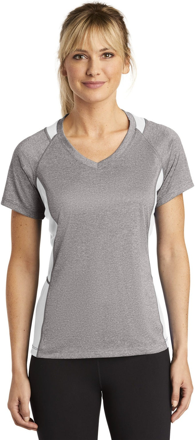 VH/White Sport-Tek Women's Heather Colorblock Contender V-Neck Tee. LST361
