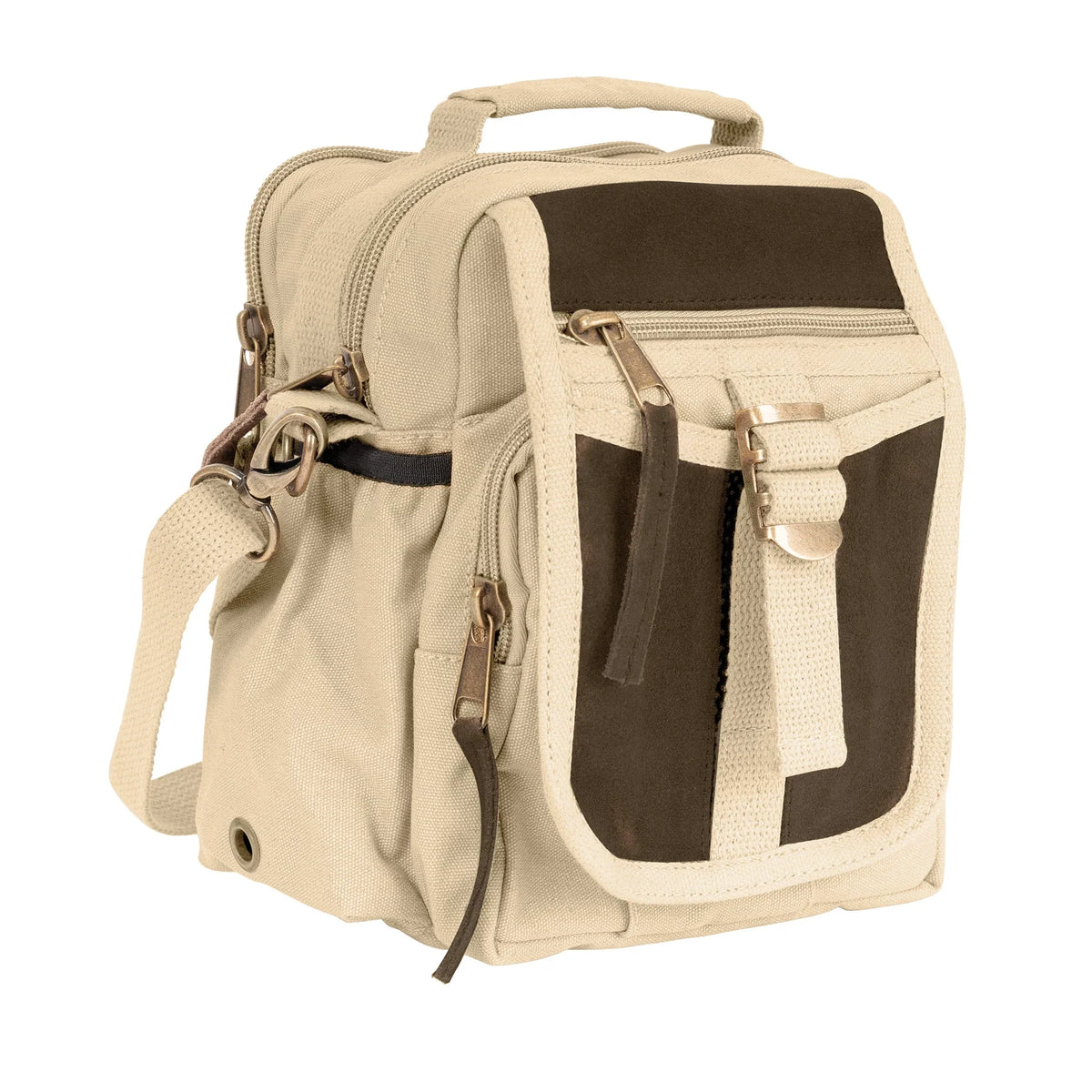 Vintage Canvas & Leather Travel Shoulder Bag - Khaki