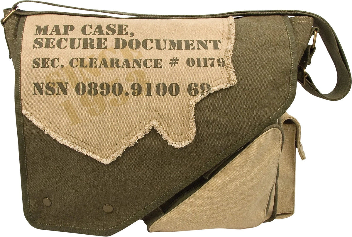 Vintage Canvas Two-tone Imprinted Map Bag - Olive Drab / Tan