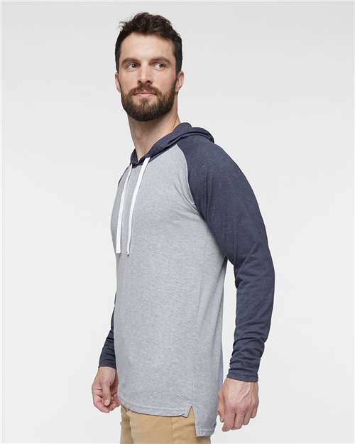 Vintage Heather/ Vintage Navy/ White Fine Jersey Hooded Long Sleeve Raglan T-Shirt - 6917