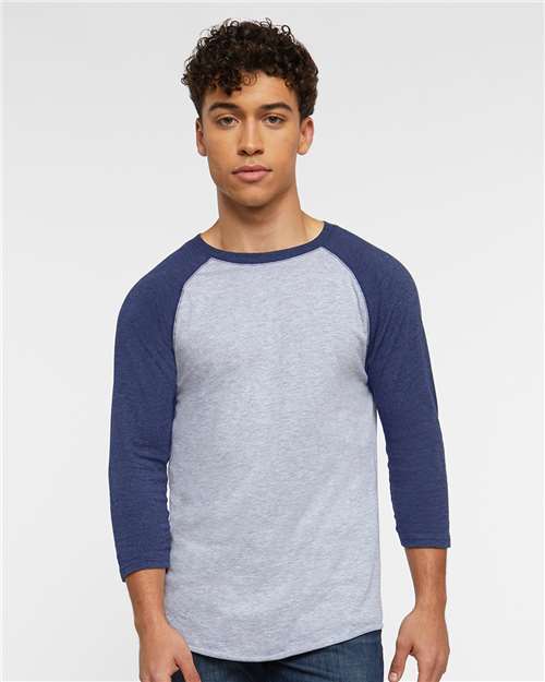 Vintage Heather/ Vintage True Navy Baseball Fine Jersey Three-Quarter Sleeve Tee - 6930