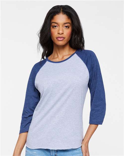 Vintage Heather/ Vintage True Navy Women's Baseball Fine Jersey Three-Quarter Sleeve Tee - 3530