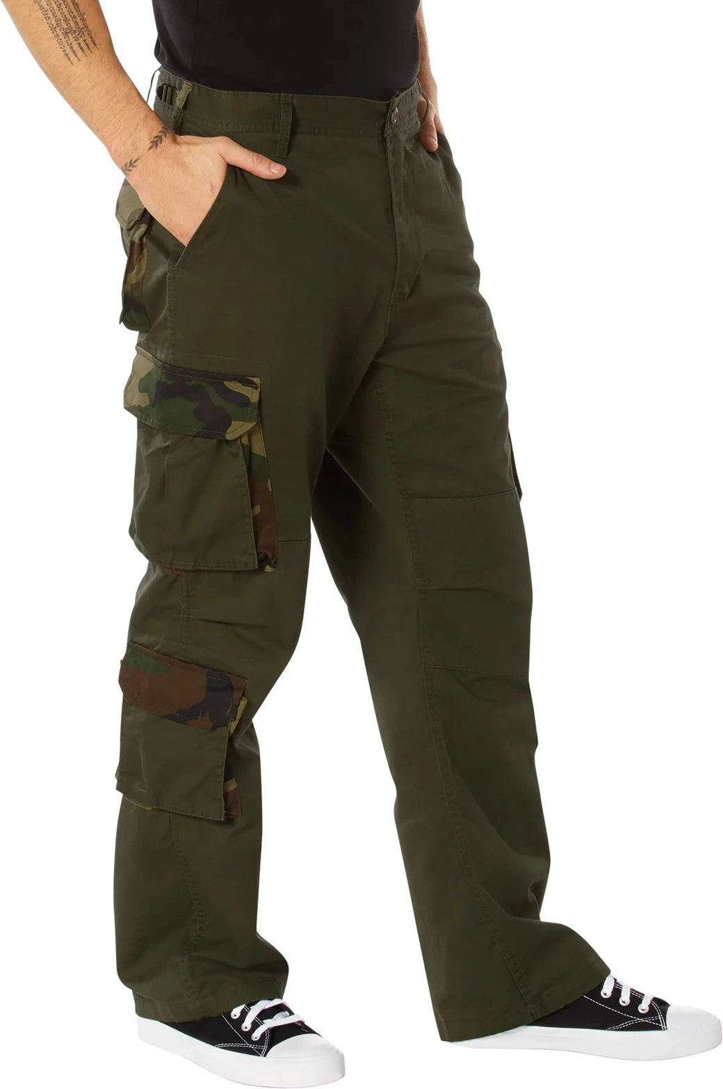 Vintage Paratrooper Cargo Fatigue Pants - Olive Drab / Woodland Camo / Xs