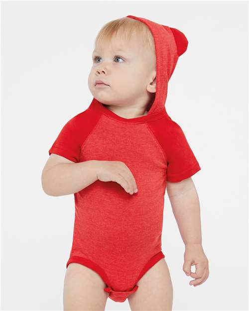 Vintage Red/ Red Fine Jersey Infant Short Sleeve Raglan Bodysuit with Hood &amp; Ears - 4417